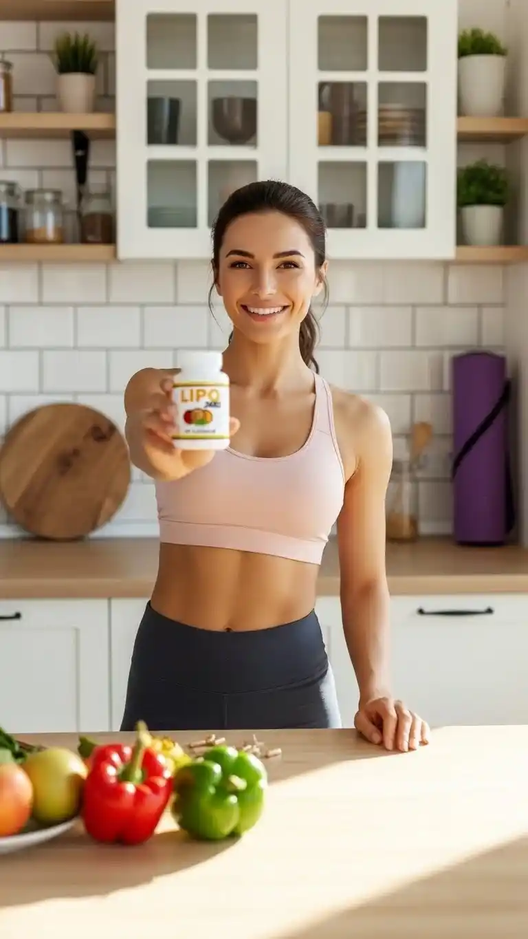 Woman holding LipoJaro weight loss supplement bottle in modern kitchen